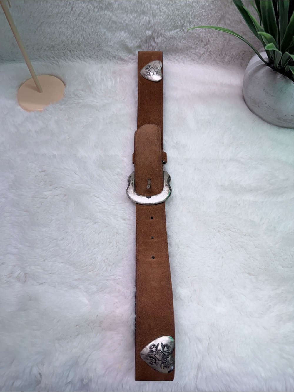 Leather Suede Women's Brown Belt with Decorative Hearts & Silver Buckle 💞